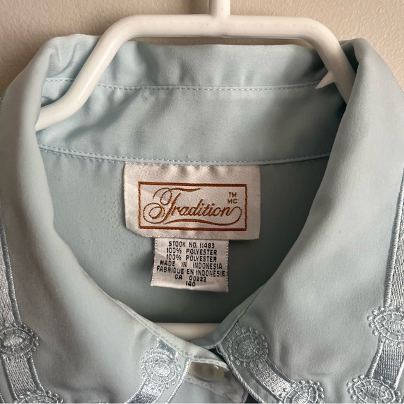 3/$40 Light Blue Vintage Traditions Button Down Blouse - Picture 6 of 8